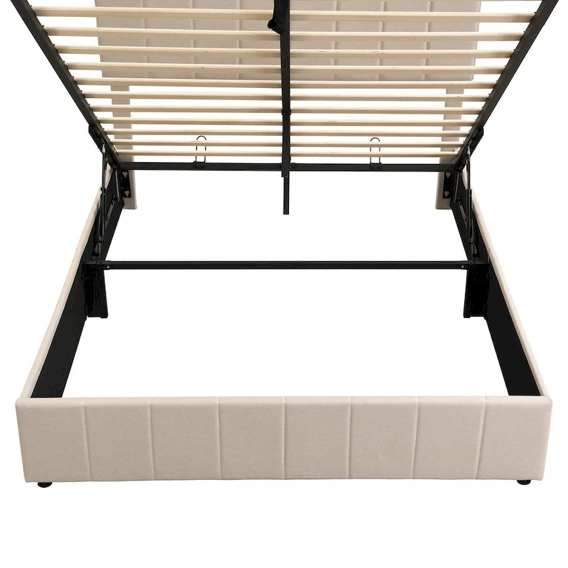 Queen Size L-Shaped Linen Platform Bed with Hydraulic Lift & Hidden Storage