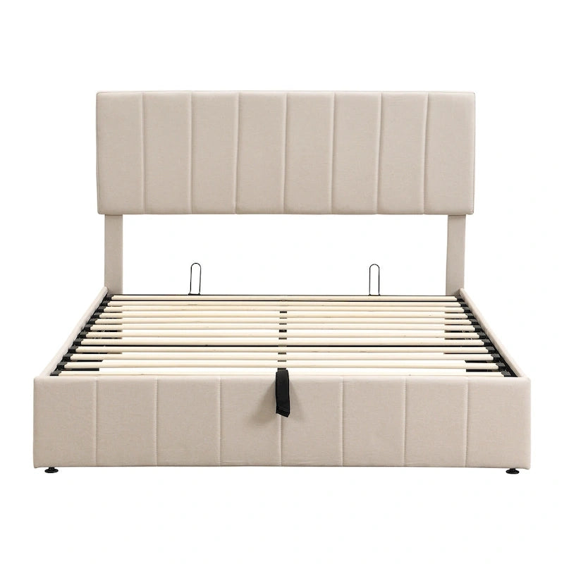 Queen Size L-Shaped Linen Platform Bed with Hydraulic Lift & Hidden Storage