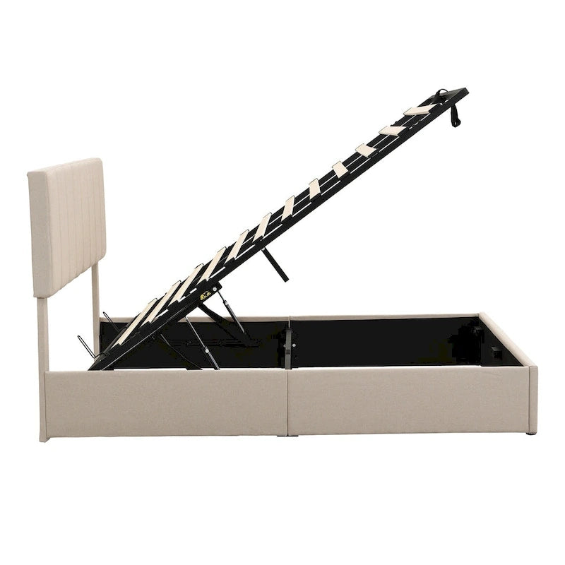 Queen Size L-Shaped Linen Platform Bed with Hydraulic Lift & Hidden Storage