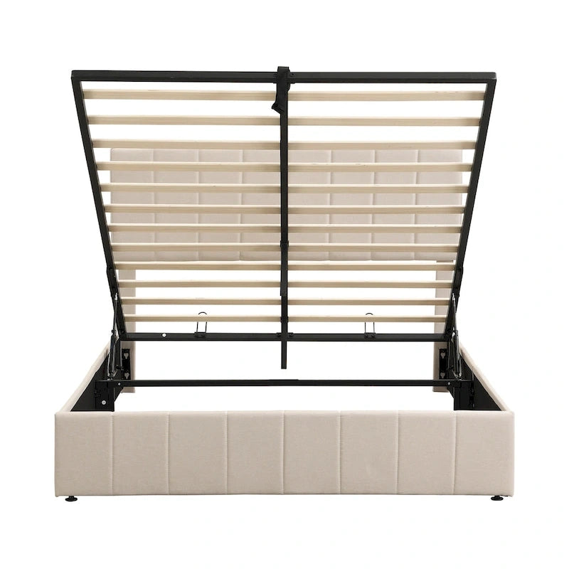 Queen Size L-Shaped Linen Platform Bed with Hydraulic Lift & Hidden Storage