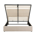 Queen Size L-Shaped Linen Platform Bed with Hydraulic Lift & Hidden Storage