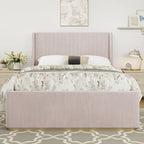 King Size Corduroy Upholstered Bed with 47 Wingback Headboard & Metal/Wood Frame (No Box Spring Needed)
