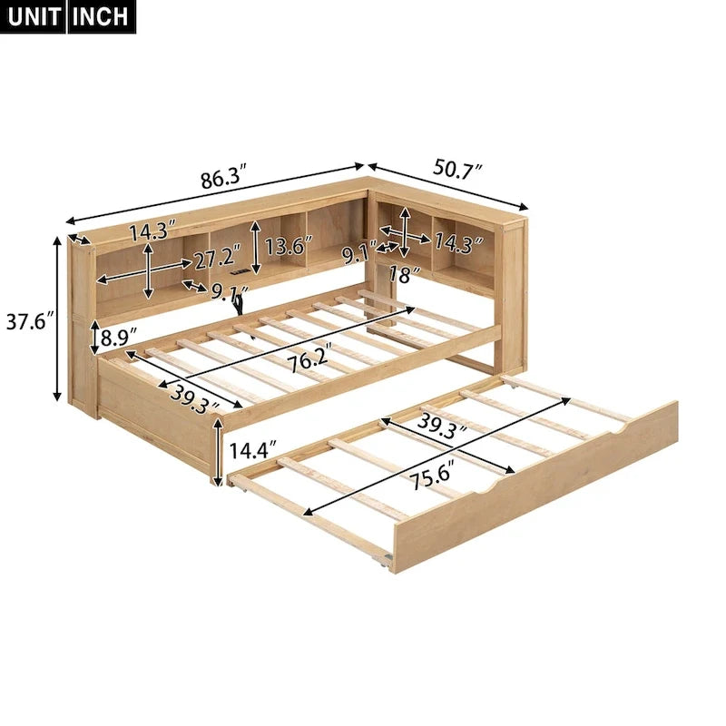 Twin Wooden Daybed with Trundle, Cabinets, and Charging Stations