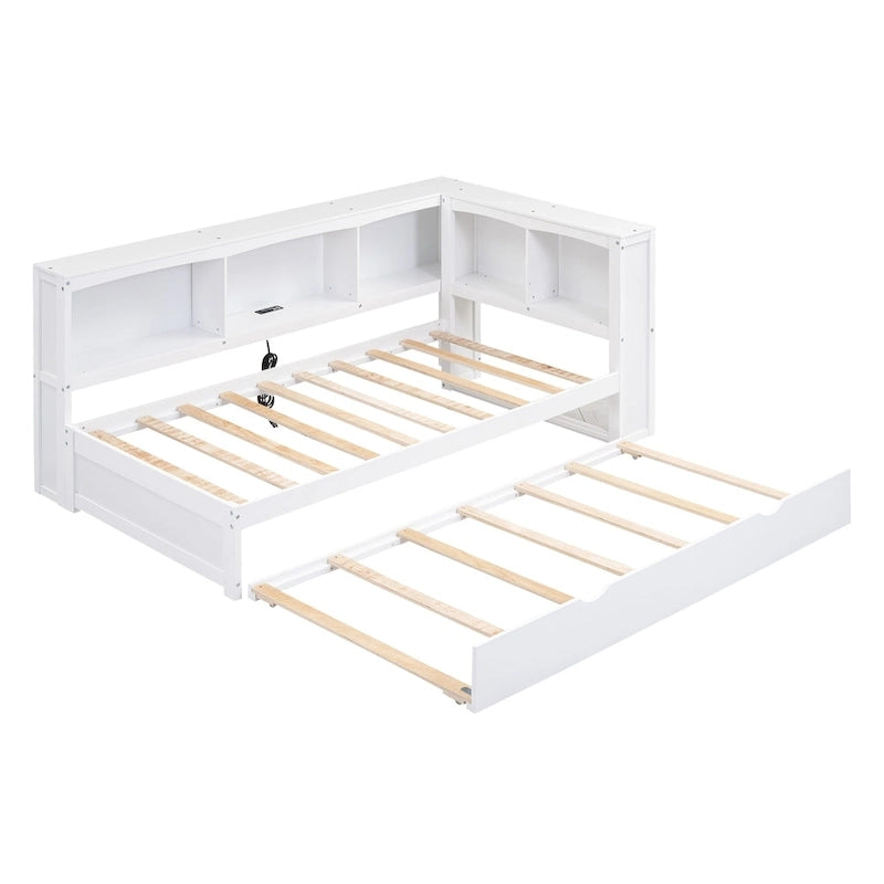 Twin Wooden Daybed with Trundle, Cabinets, and Charging Stations