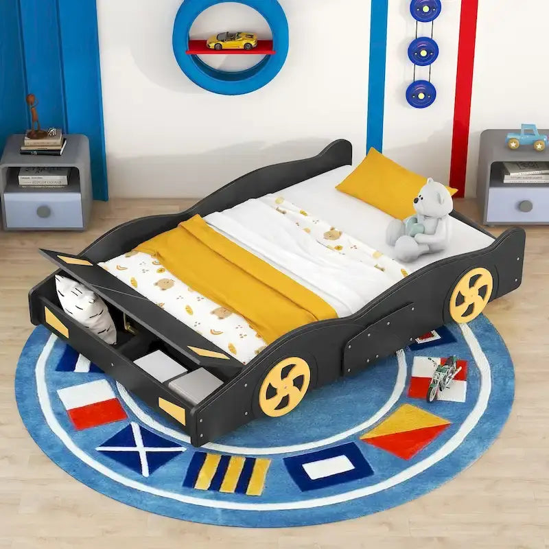 Full Size Pine Race Car Bed with Storage & Safety Side Rails – Kids Bedroom