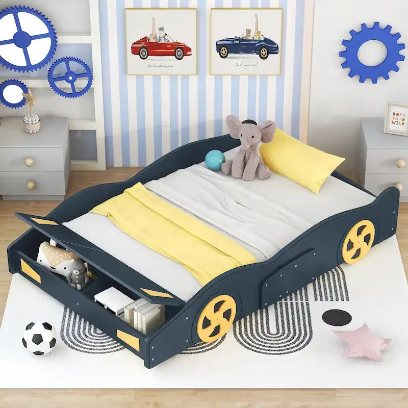 Full Size Pine Race Car Bed with Storage & Safety Side Rails – Kids Bedroom