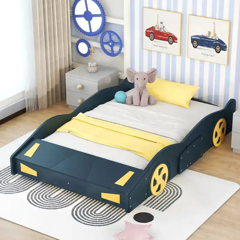Full Size Pine Race Car Bed with Storage & Safety Side Rails – Kids Bedroom