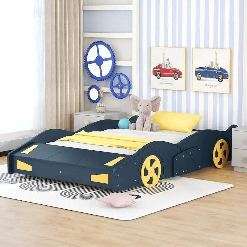 Full Size Pine Race Car Bed with Storage & Safety Side Rails – Kids Bedroom