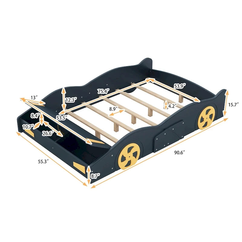 Full Size Pine Race Car Bed with Storage & Safety Side Rails – Kids Bedroom