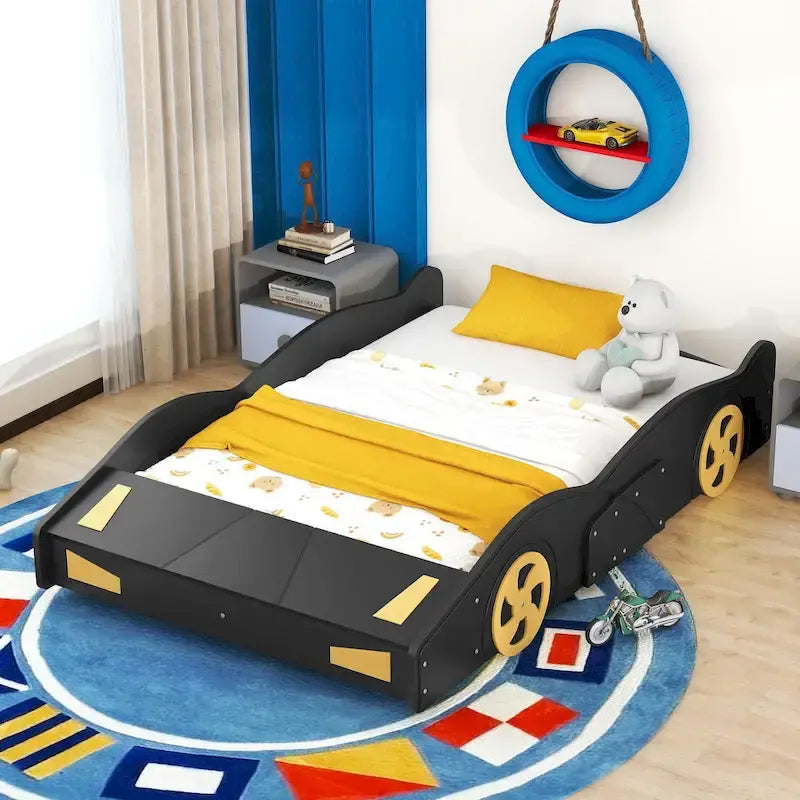 Full Size Pine Race Car Bed with Storage & Safety Side Rails – Kids Bedroom