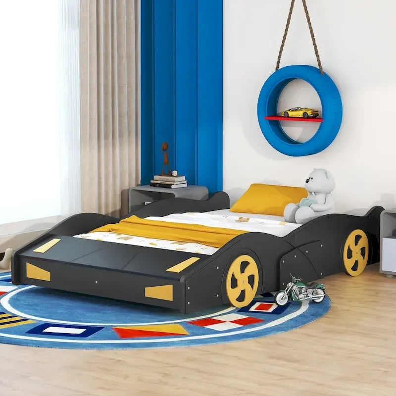 Full Size Pine Race Car Bed with Storage & Safety Side Rails – Kids Bedroom
