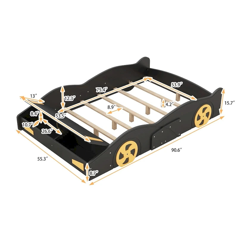Full Size Pine Race Car Bed with Storage & Safety Side Rails – Kids Bedroom