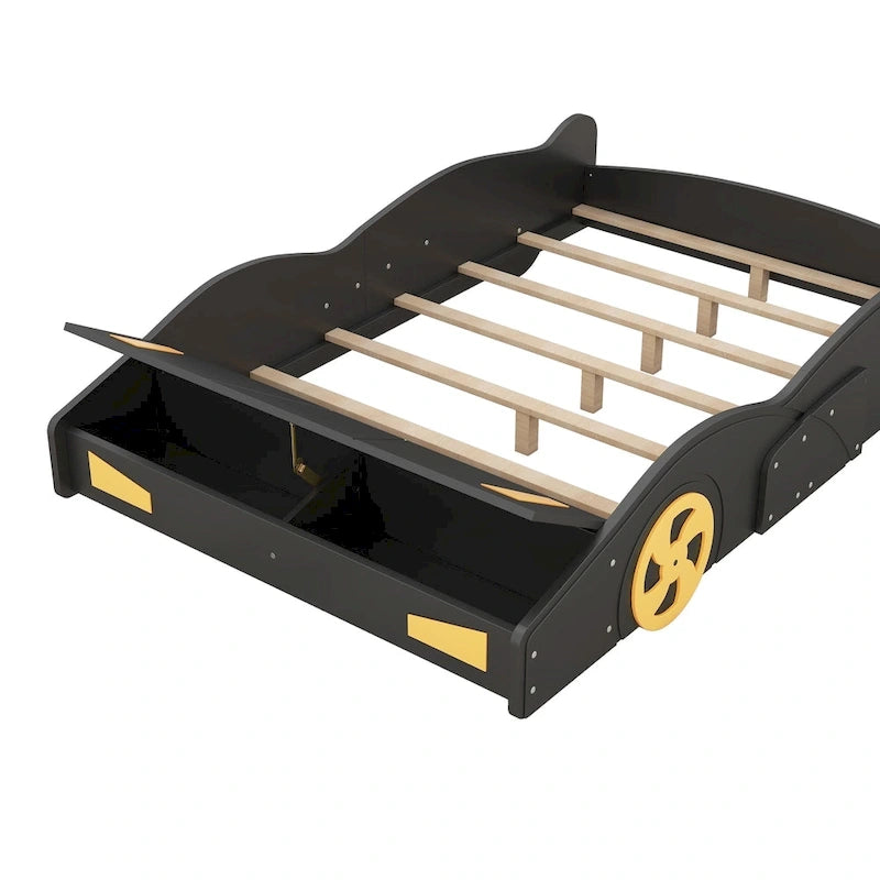 Full Size Pine Race Car Bed with Storage & Safety Side Rails – Kids Bedroom
