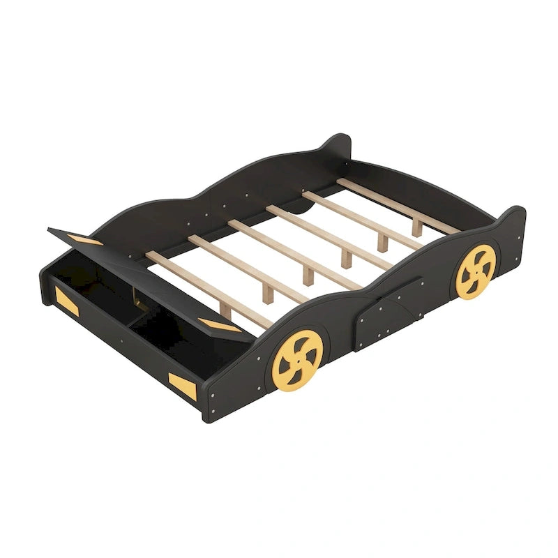 Full Size Pine Race Car Bed with Storage & Safety Side Rails – Kids Bedroom