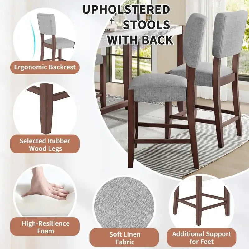 Modern 5-Piece Counter Height Dining Table Set, Faux Marble Bar Table and 4 Upholstered-Seat Chairs