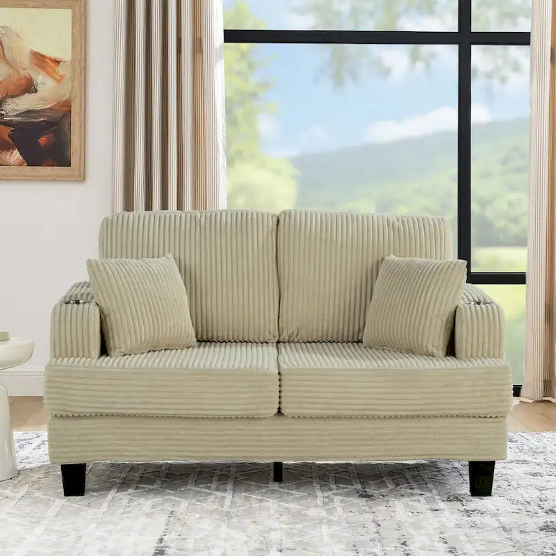 61-Inch Corduroy Loveseat with Cup Holders & Throw Pillows – Small Space Sofa