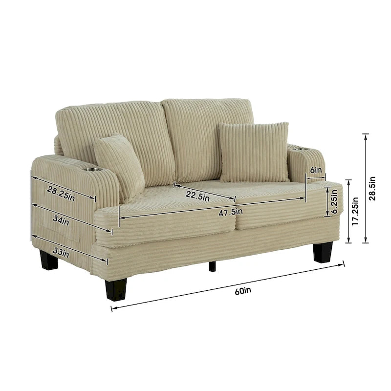 61-Inch Corduroy Loveseat with Cup Holders & Throw Pillows – Small Space Sofa