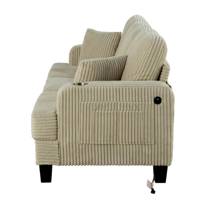 61-Inch Corduroy Loveseat with Cup Holders & Throw Pillows – Small Space Sofa
