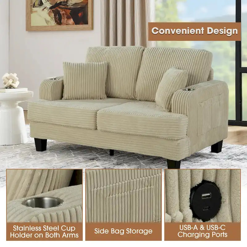 61-Inch Corduroy Loveseat with Cup Holders & Throw Pillows – Small Space Sofa