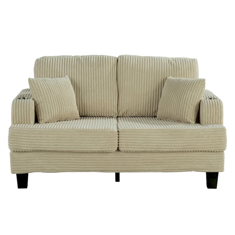 61-Inch Corduroy Loveseat with Cup Holders & Throw Pillows – Small Space Sofa