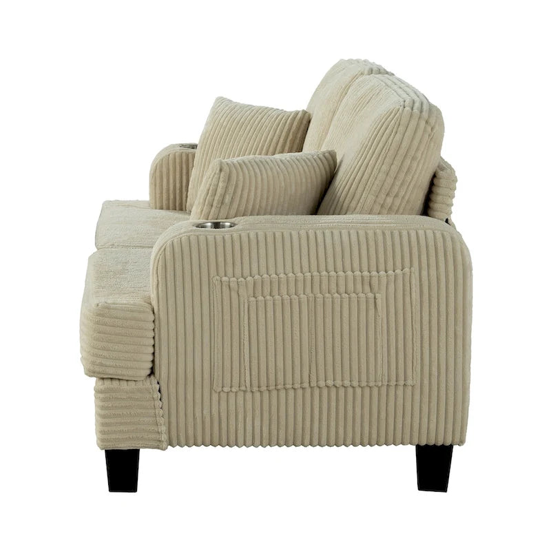 61-Inch Corduroy Loveseat with Cup Holders & Throw Pillows – Small Space Sofa
