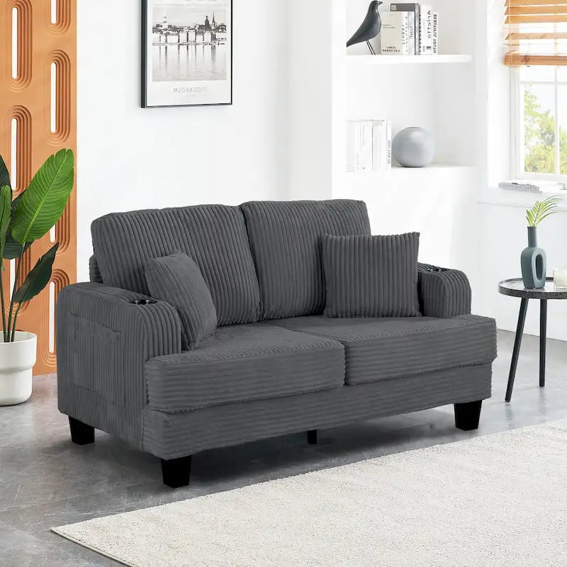 61-Inch Corduroy Loveseat with Cup Holders & Throw Pillows – Small Space Sofa
