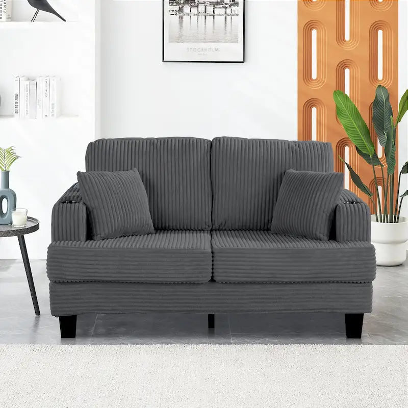 61-Inch Corduroy Loveseat with Cup Holders & Throw Pillows – Small Space Sofa