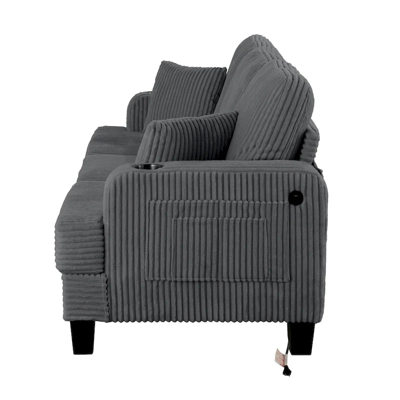 61-Inch Corduroy Loveseat with Cup Holders & Throw Pillows – Small Space Sofa