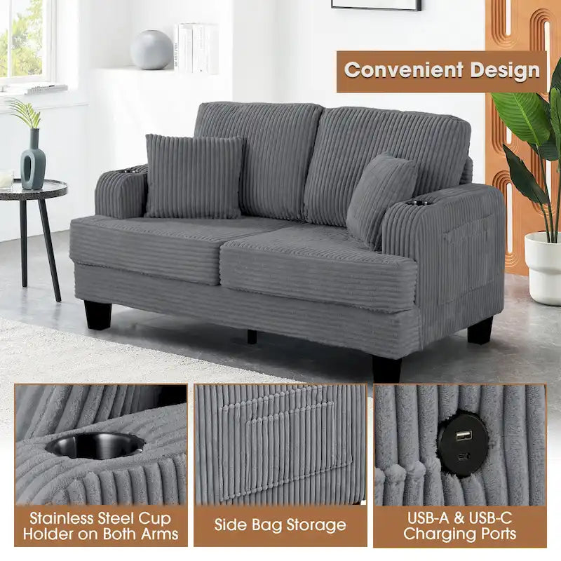 61-Inch Corduroy Loveseat with Cup Holders & Throw Pillows – Small Space Sofa