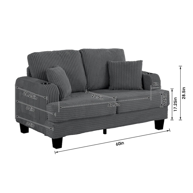 61-Inch Corduroy Loveseat with Cup Holders & Throw Pillows – Small Space Sofa
