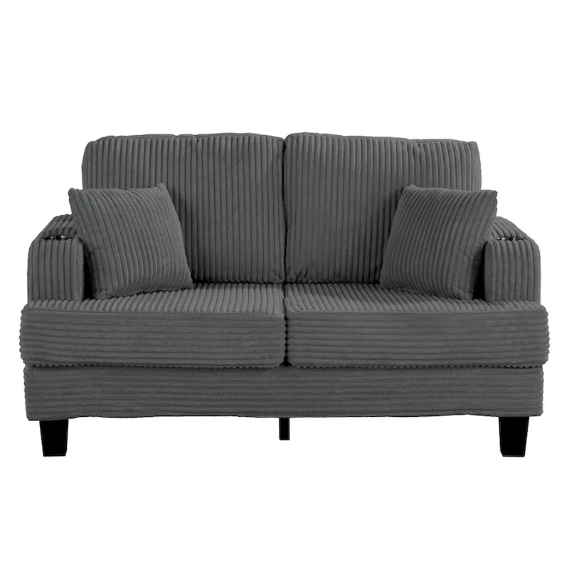 61-Inch Corduroy Loveseat with Cup Holders & Throw Pillows – Small Space Sofa