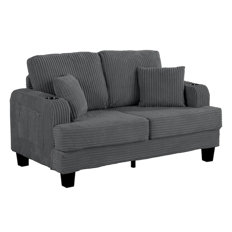 61-Inch Corduroy Loveseat with Cup Holders & Throw Pillows – Small Space Sofa