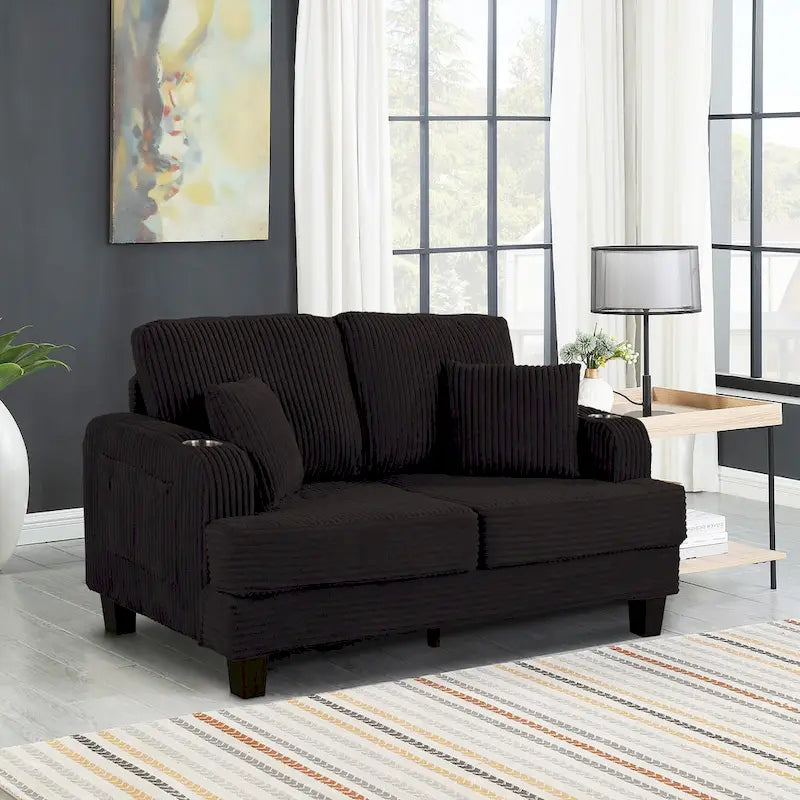 61-Inch Corduroy Loveseat with Cup Holders & Throw Pillows – Small Space Sofa