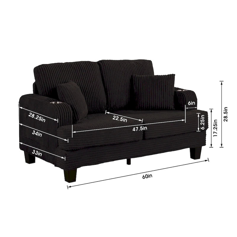 61-Inch Corduroy Loveseat with Cup Holders & Throw Pillows – Small Space Sofa