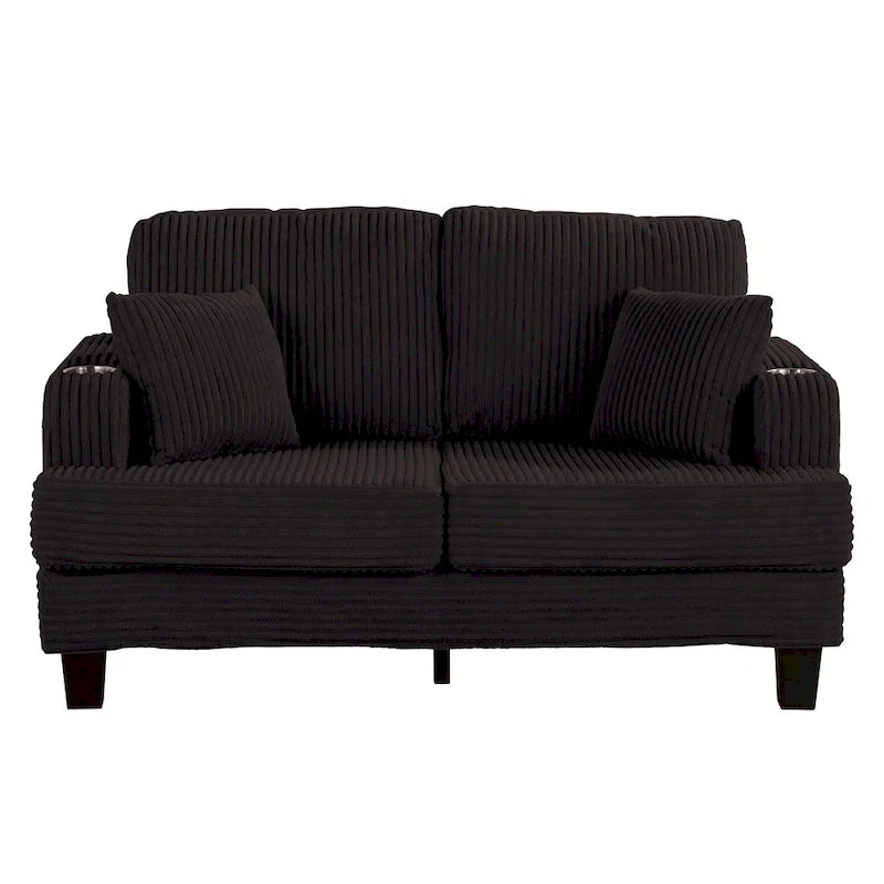 61-Inch Corduroy Loveseat with Cup Holders & Throw Pillows – Small Space Sofa