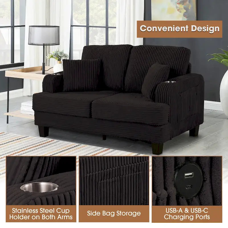 61-Inch Corduroy Loveseat with Cup Holders & Throw Pillows – Small Space Sofa