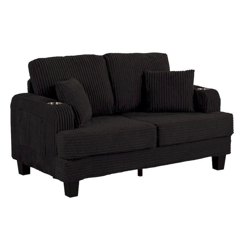 61-Inch Corduroy Loveseat with Cup Holders & Throw Pillows – Small Space Sofa