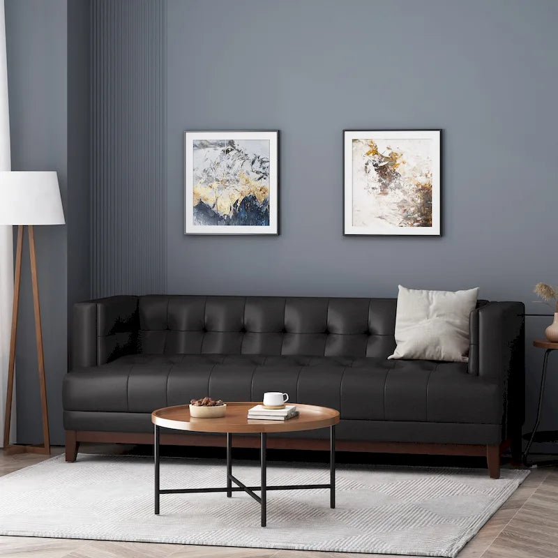 Mid-Century Modern Upholstered Sofa with Tuxedo Arms & Waffle Stitch Pattern
