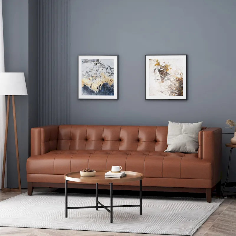 Mid-Century Modern Upholstered Sofa with Tuxedo Arms & Waffle Stitch Pattern