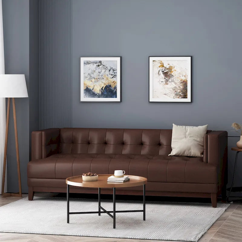 Mid-Century Modern Upholstered Sofa with Tuxedo Arms & Waffle Stitch Pattern