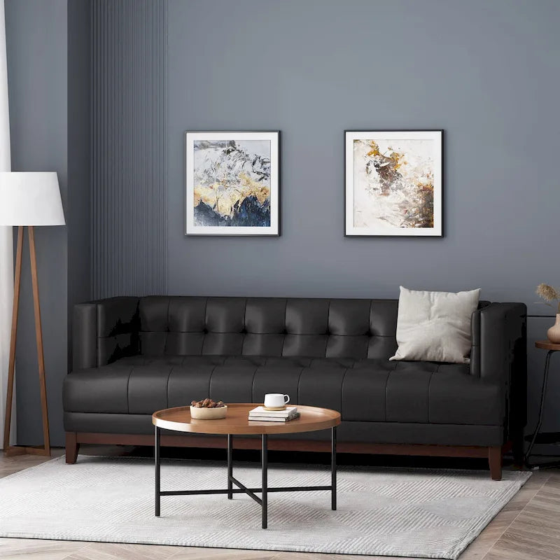 Mid-Century Modern Upholstered Sofa with Tuxedo Arms & Waffle Stitch Pattern