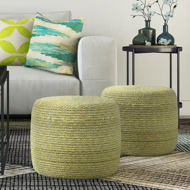 Round Hand-Woven Cotton Braided Pouf with Polystyrene Bead Filling