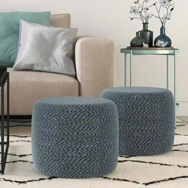 Round Hand-Woven Cotton Braided Pouf with Polystyrene Bead Filling