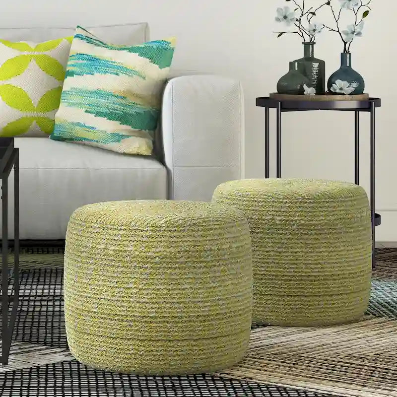 Round Hand-Woven Cotton Braided Pouf with Polystyrene Bead Filling
