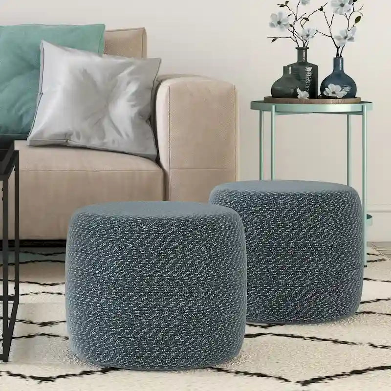 Round Hand-Woven Cotton Braided Pouf with Polystyrene Bead Filling