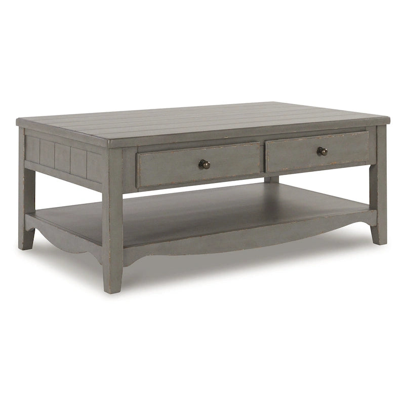 Rectangular Coffee Table with 2 Drawers – European Farmhouse Style, Antique Gray Veneer