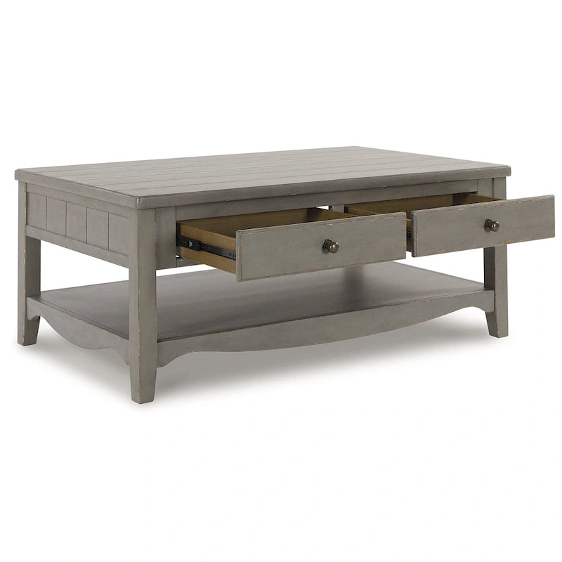 Rectangular Coffee Table with 2 Drawers – European Farmhouse Style, Antique Gray Veneer