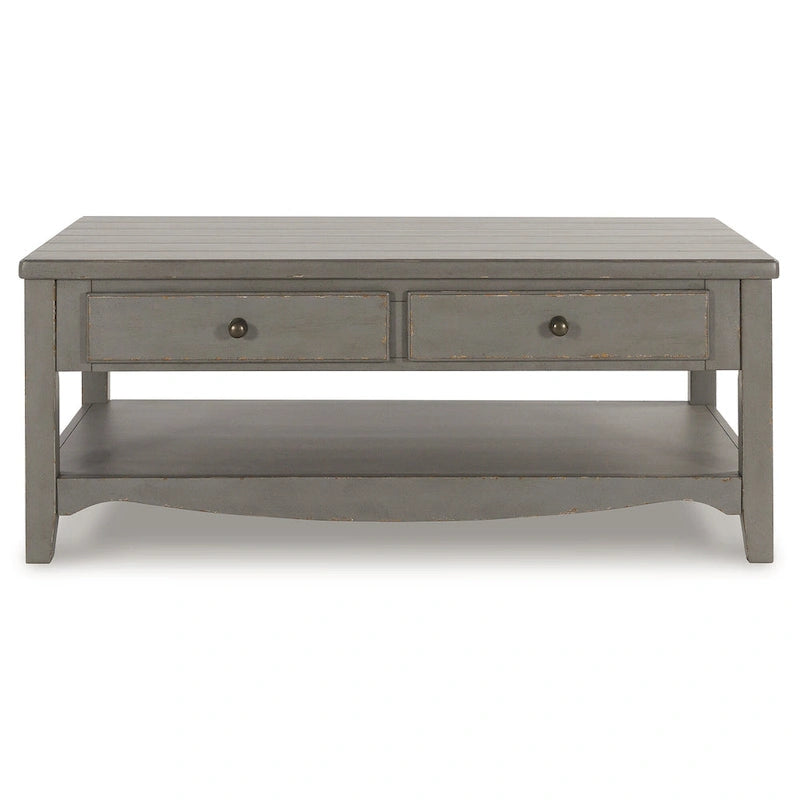 Rectangular Coffee Table with 2 Drawers – European Farmhouse Style, Antique Gray Veneer