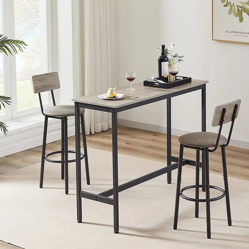 3-Piece Bistro Set, Dining Table and Upholstered Stools w/ Backrest