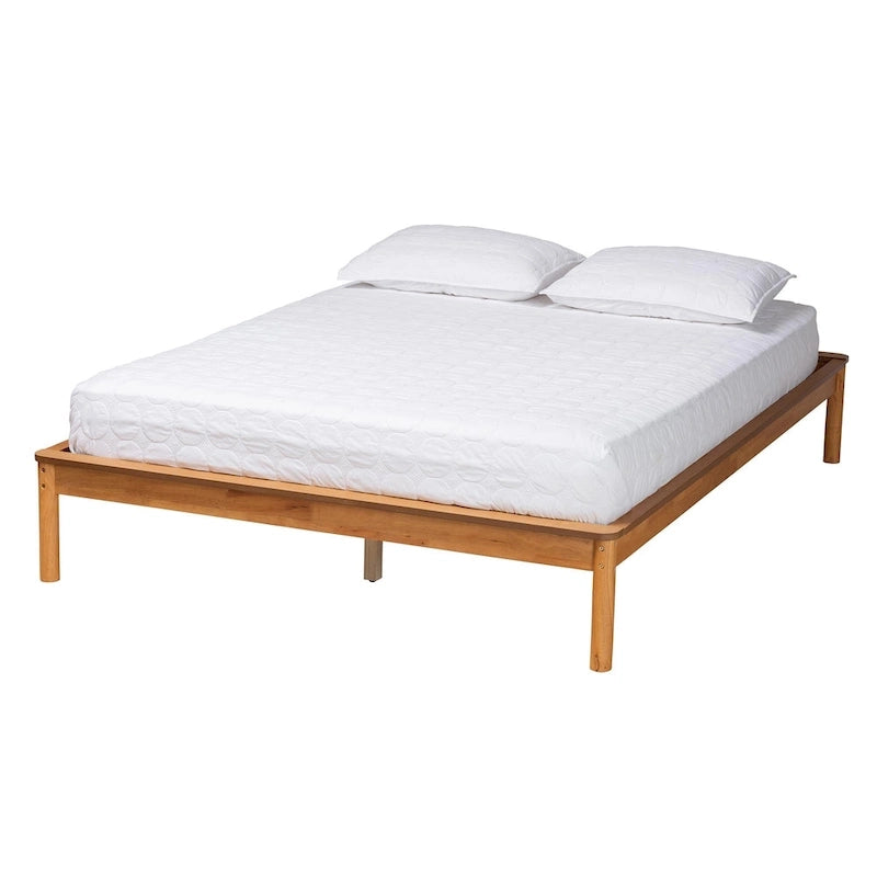 Mid-Century Modern Honey Oak Wood Bed Frame, Rubber Wood & MDF, No Box Spring Needed, Full/Queen/King